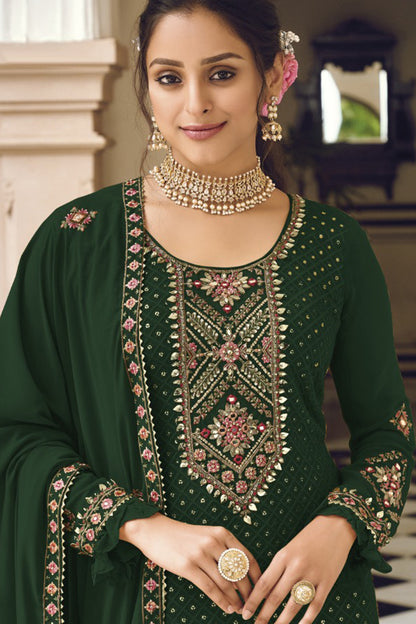 Dark Green Embroidery Work Georgette Kameez with Pant For Wedding-Merrige