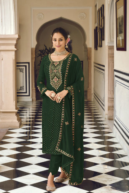 Dark Green Embroidery Work Georgette Kameez with Pant For Wedding-Merrige