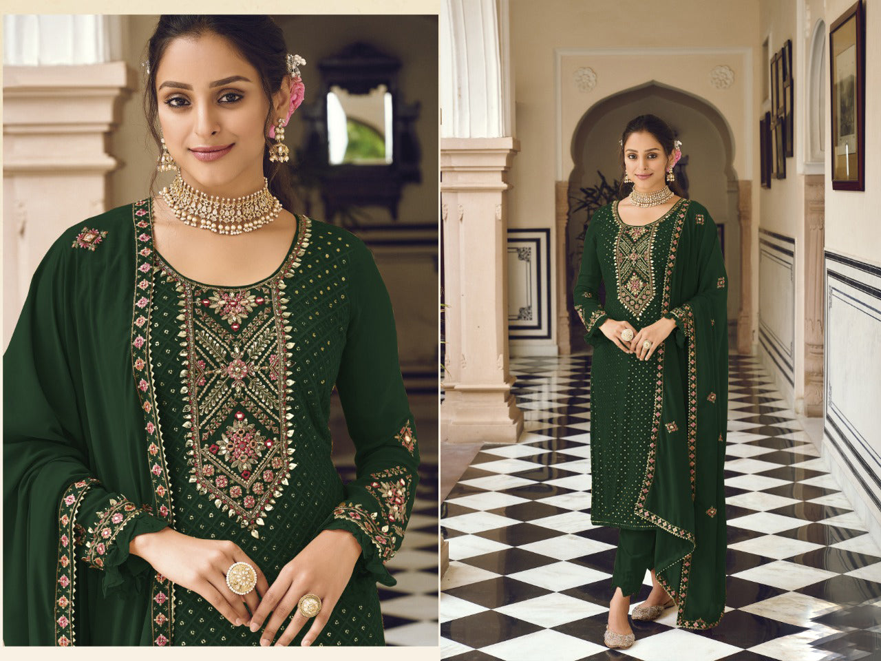 Dark Green Embroidery Work Georgette Kameez with Pant For Wedding-Merrige