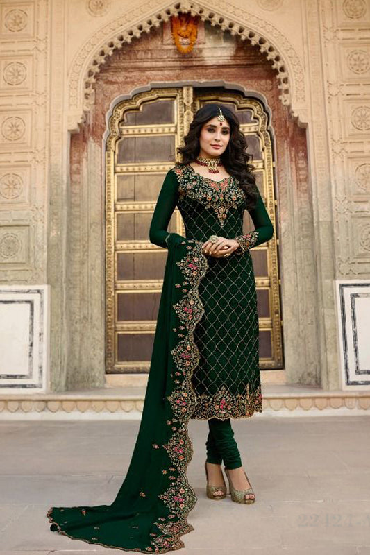 Embroidery Work Dark Green Georgette Salwar Kameez For Wedding-Reception