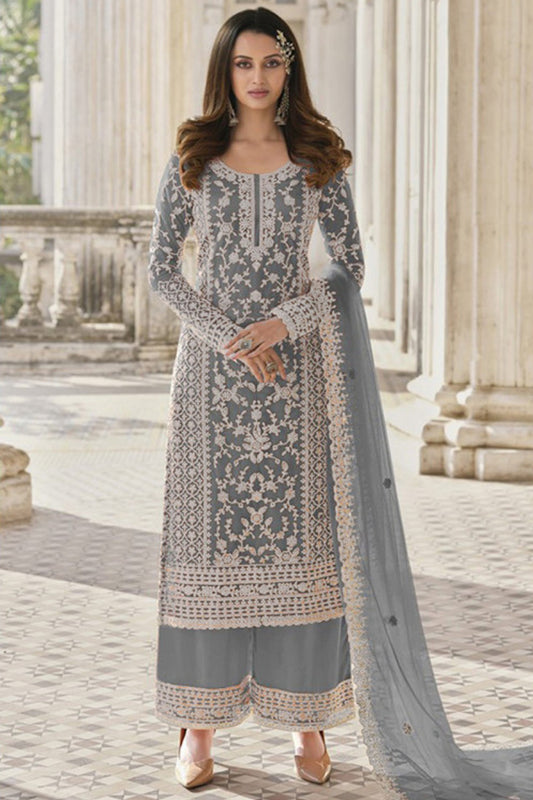 Wedding-Reception Special Embroidery Work Grey Butterfly Net Plazzo Suit With Dupatta