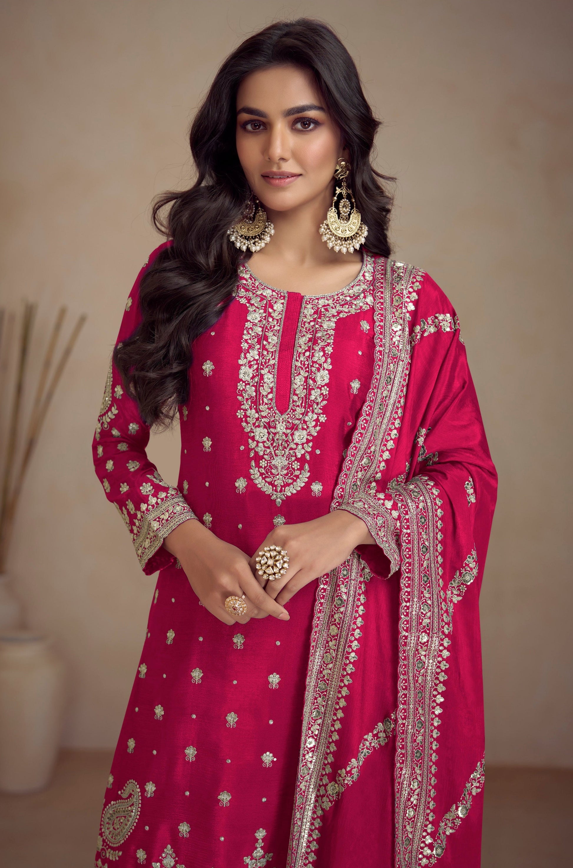 Designer Thread Embroidery Work On Red Chinon Sharara Kameez - Traditional Pakistani Outfit USA