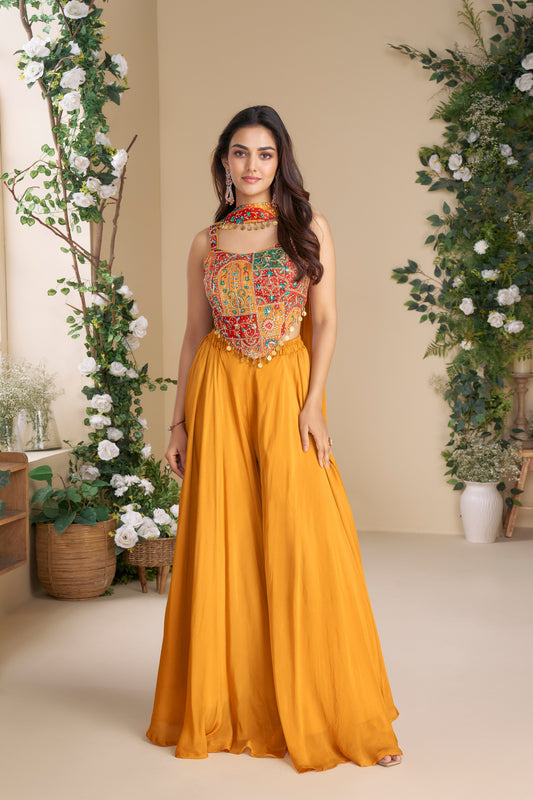 Orange Color Ethnic Party Wear Chinon Silk Palazzo With Shrug Suit