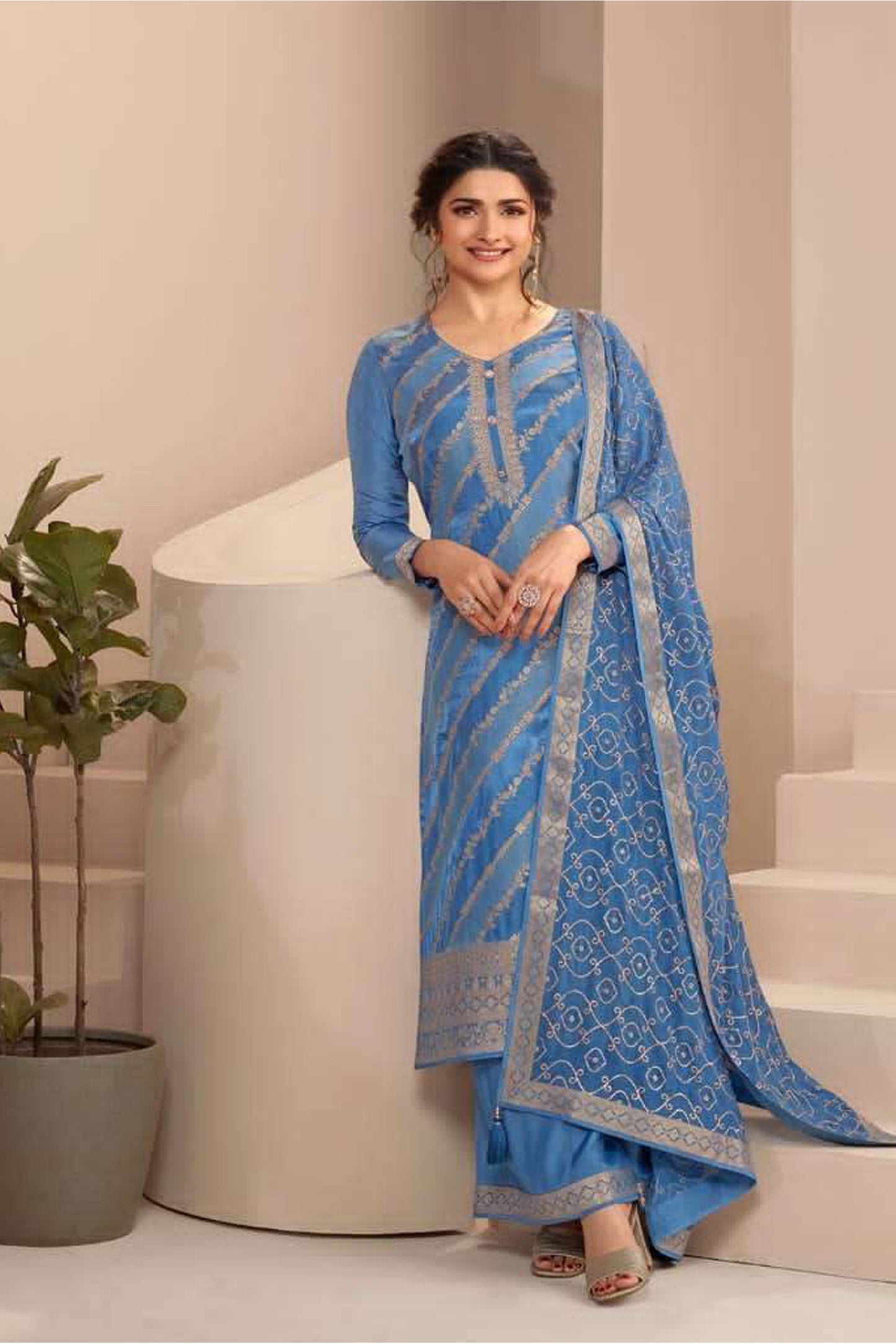 "Cyan Blue Pakistani Wedding Salwar Kameez - Front View with Embroidered Jacquard Fabric and Chiffon Dupatta"