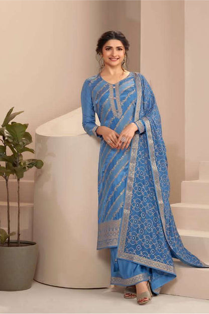 "Cyan Blue Pakistani Wedding Salwar Kameez - Front View with Embroidered Jacquard Fabric and Chiffon Dupatta"