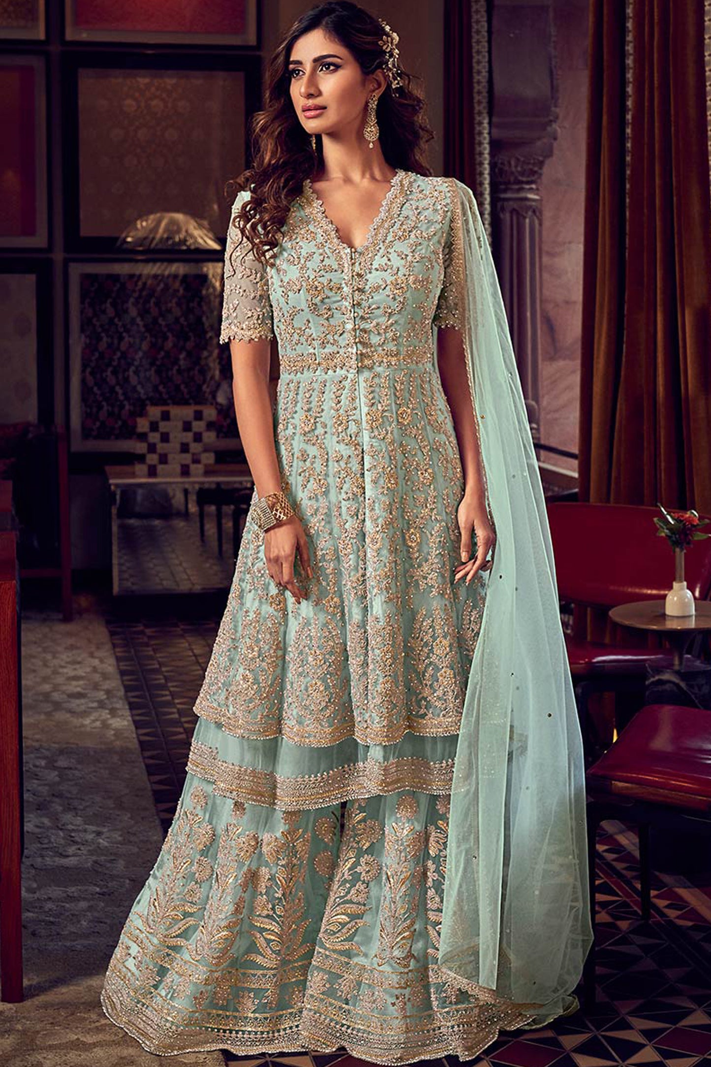Sky Blue Embroidered Palazzo Suit With Heavy Stone Work For Weddings