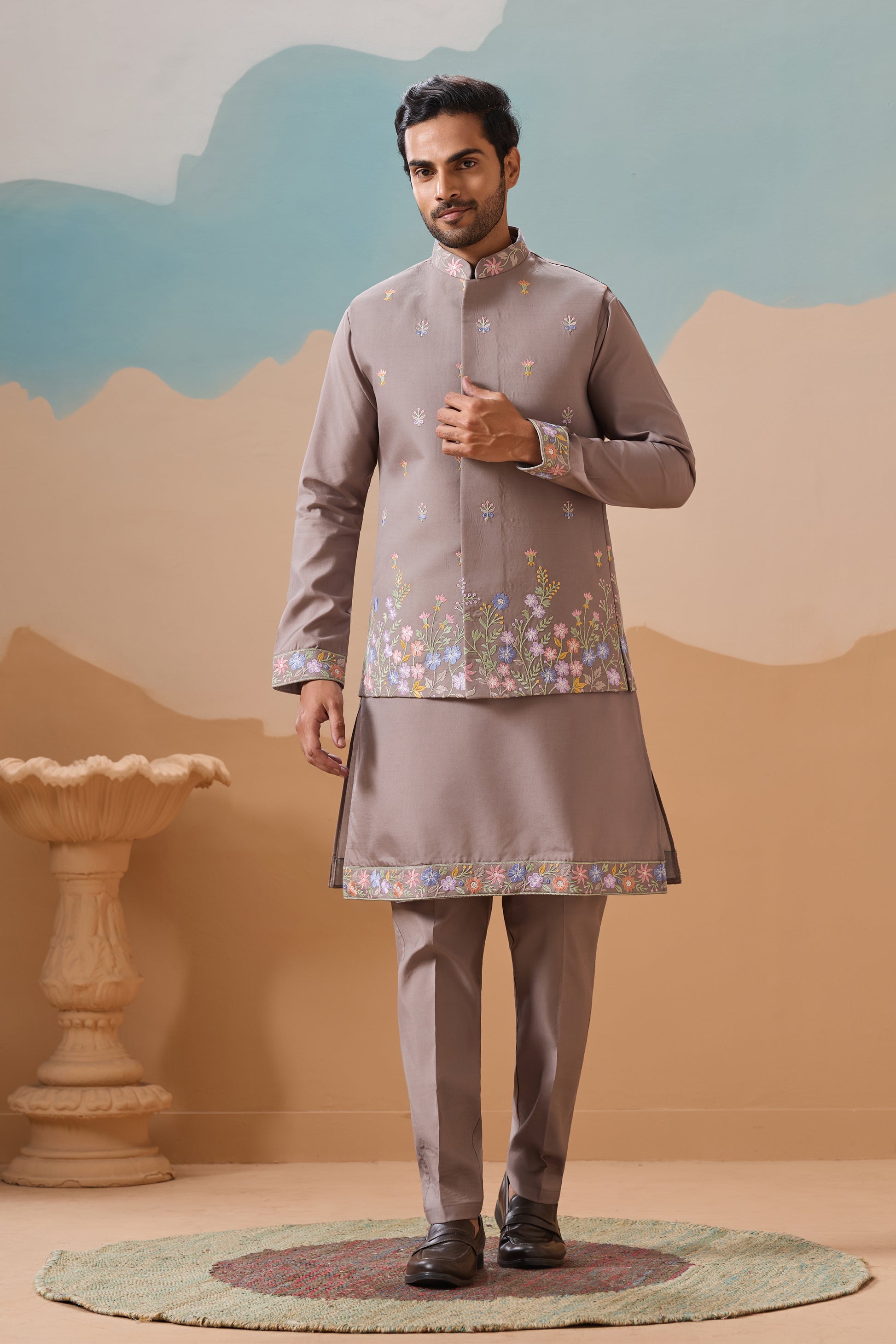 Gray designer men's wedding kurta with sequins and thread embroidery work - Seyuri ethnic wear
