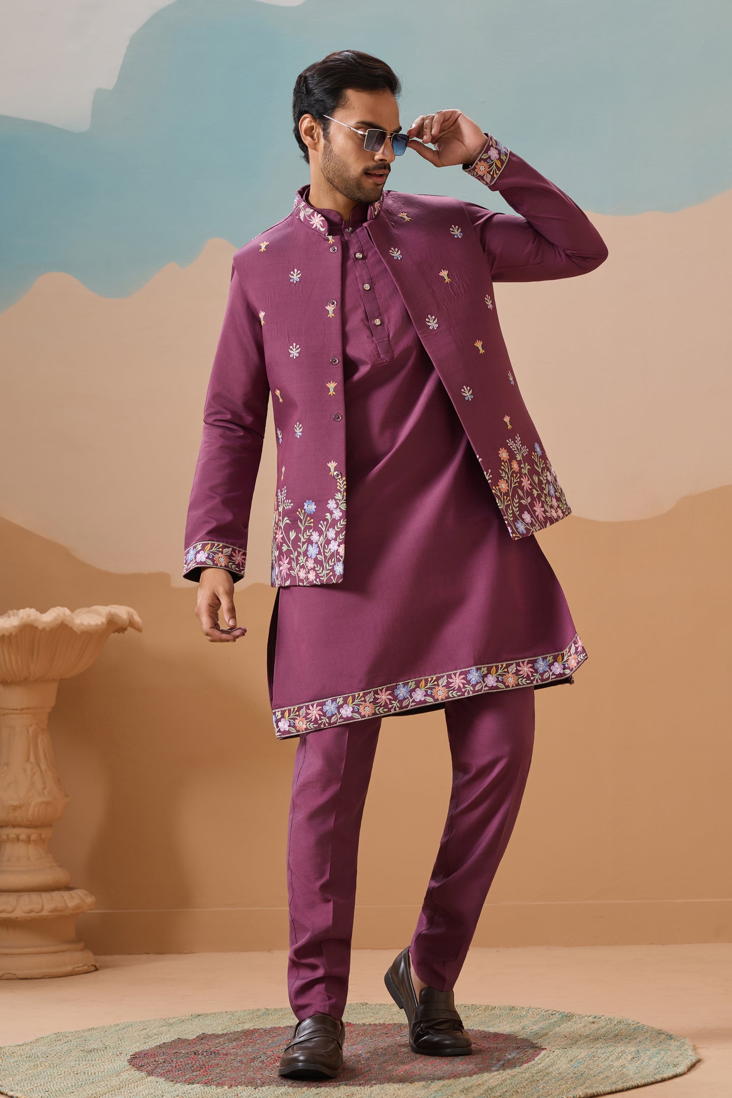 Seyuri pink men's ethnic wear kurta - back view embroidery detail"

