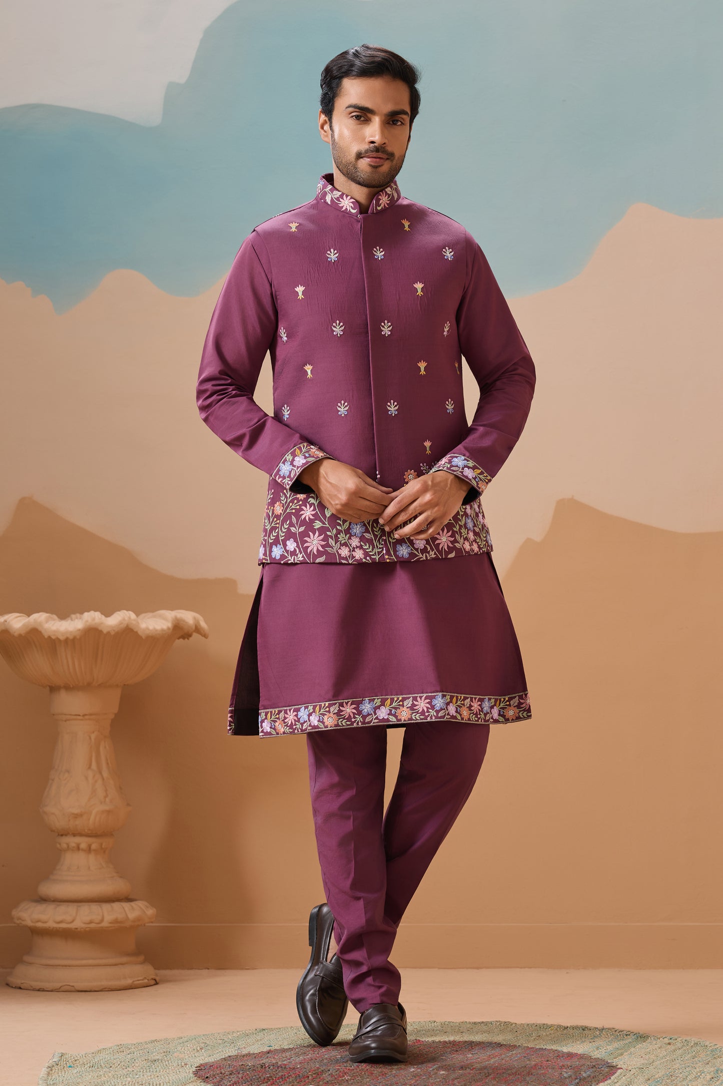 "Seyuri exclusive pink designer men's kurta with embroidered work - front view"