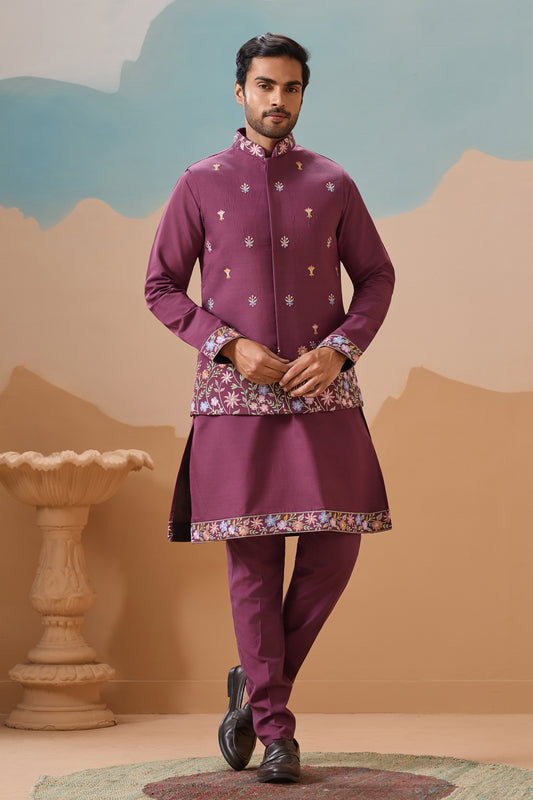 "Seyuri exclusive pink designer men's kurta with embroidered work - front view"