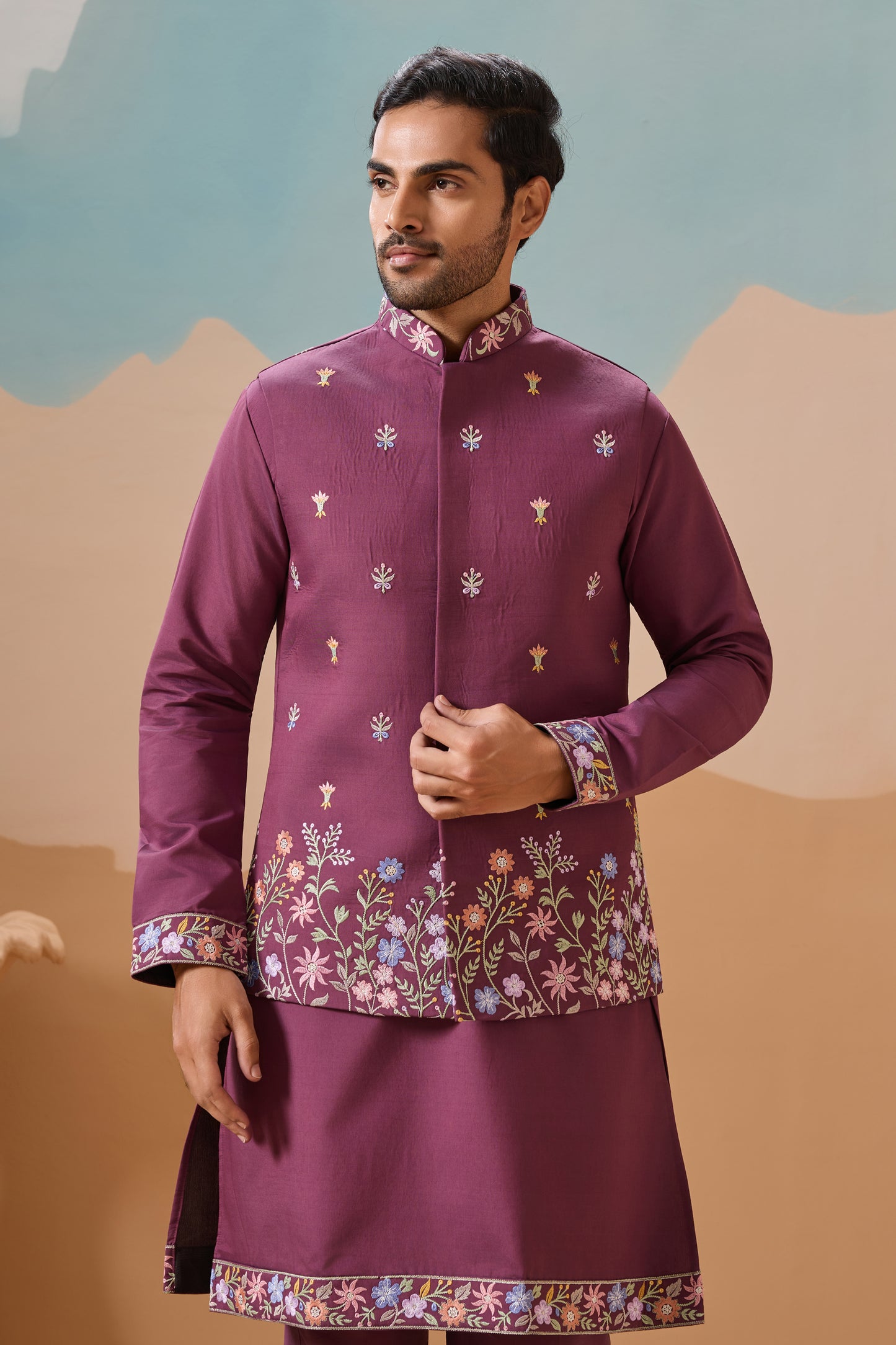 Men's pink embroidered kurta jacket set - side angle view