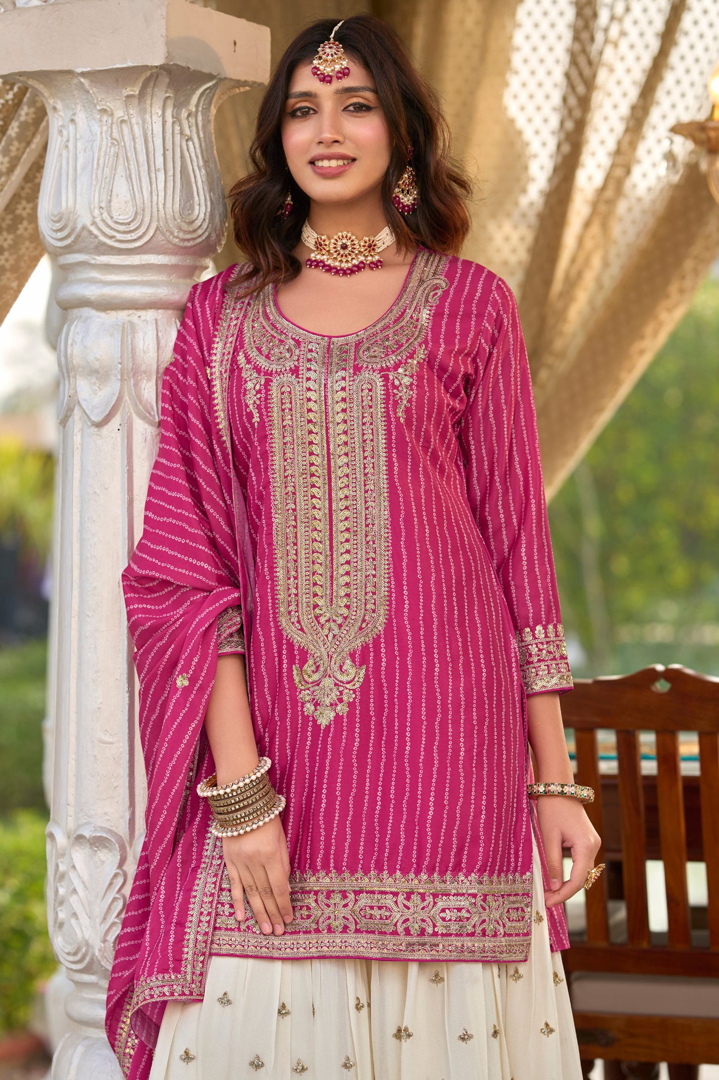 Indian Pink Designer Digital Printed With Embroidery Work Sharara Suit