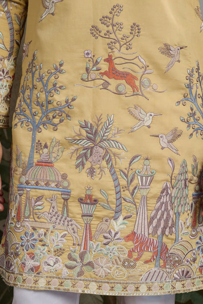 Beige Viscose Silk Men's Kurta Classic Elegant Wedding Wear