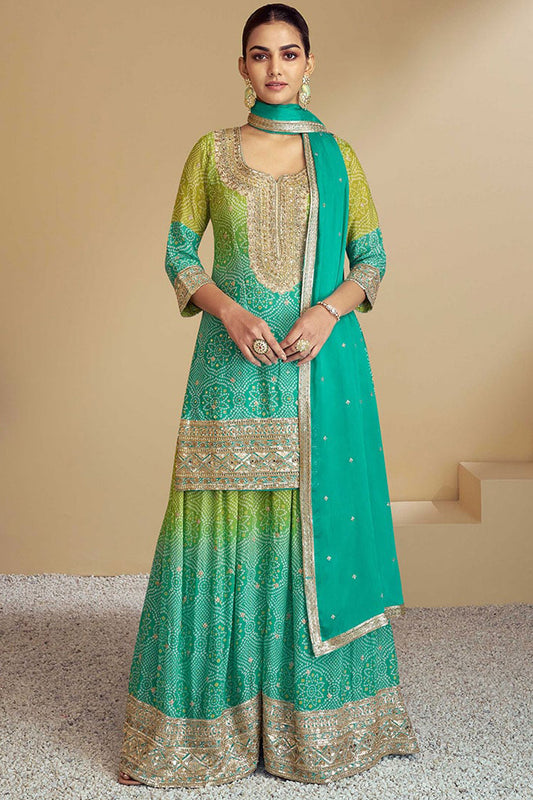 Light Green Designer Digital Chinon Salwar Kameez Palazzo with Dupatta