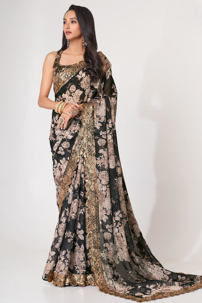 Trendy Organza Fabric Designer Digital Printed Sequins Work For Festival Wear Saree