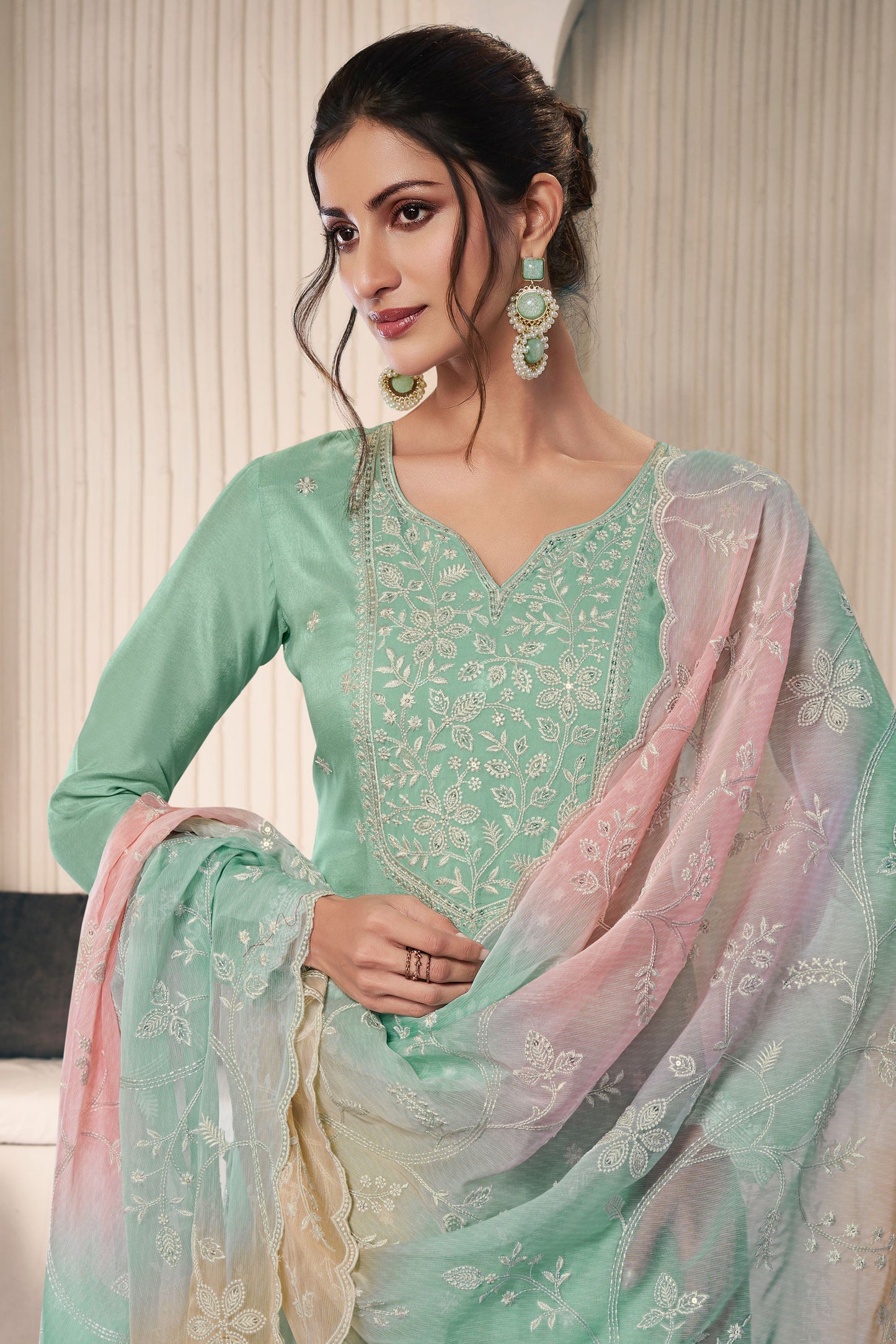 Stunning Light Green Designer Santoon Fabric Embroidery Work Salwar Kameez Suit