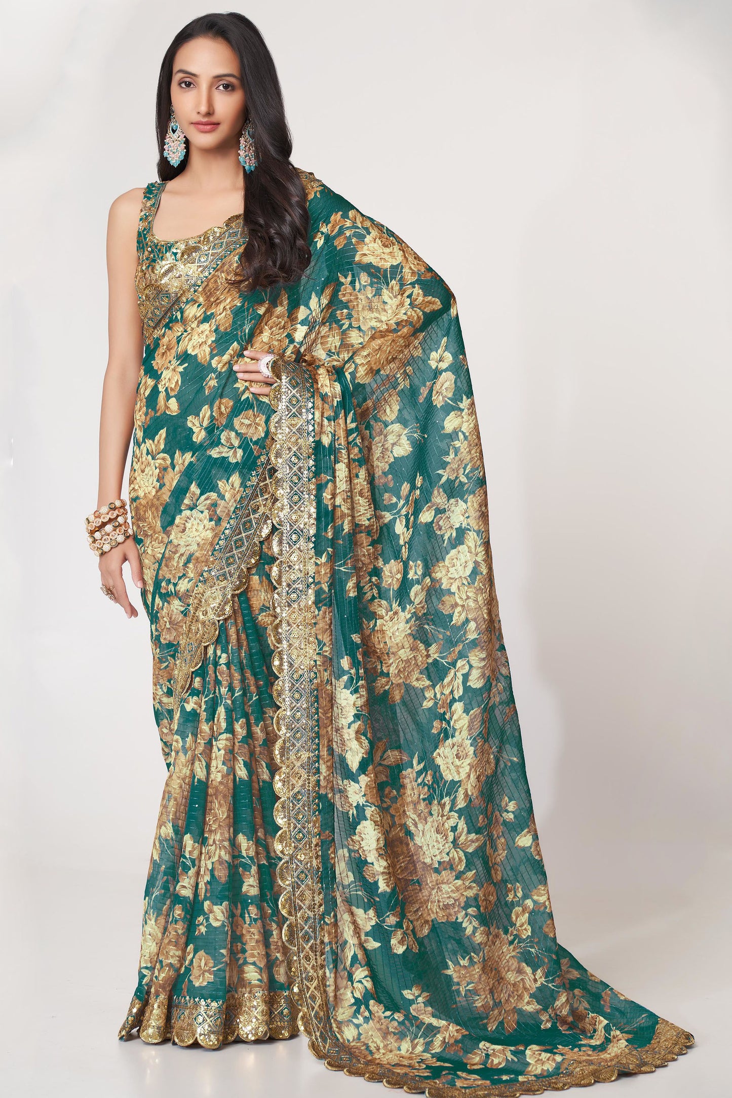 Trendy Designer Teal Blue Color Organza Fabric Floral Printed Saree For Special Festival Wear