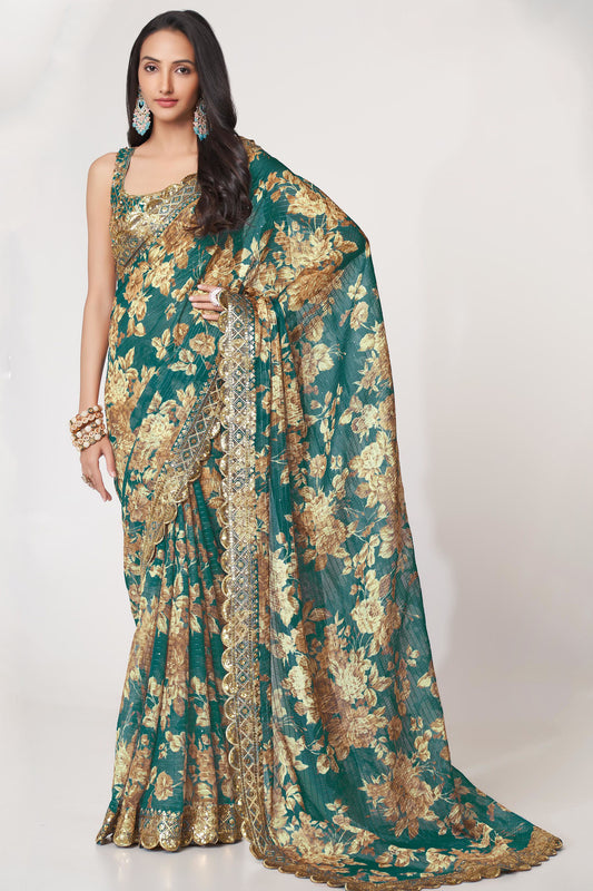 Trendy Designer Teal Blue Color Organza Fabric Floral Printed Saree For Special Festival Wear