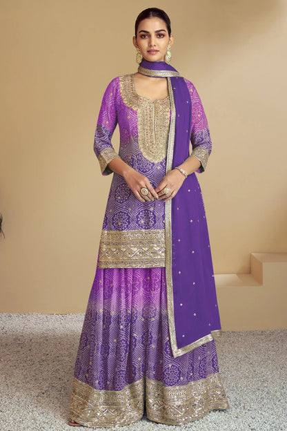 Chinon Designer Purple Wedding Party Wear Salwar Kameez Palazzo Suit