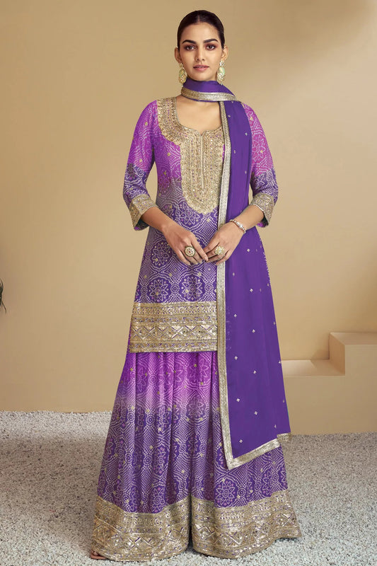 Chinon Designer Purple Wedding Party Wear Salwar Kameez Palazzo Suit