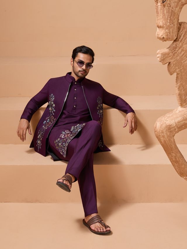 kurta pajamas paired with wine embroidered kurta