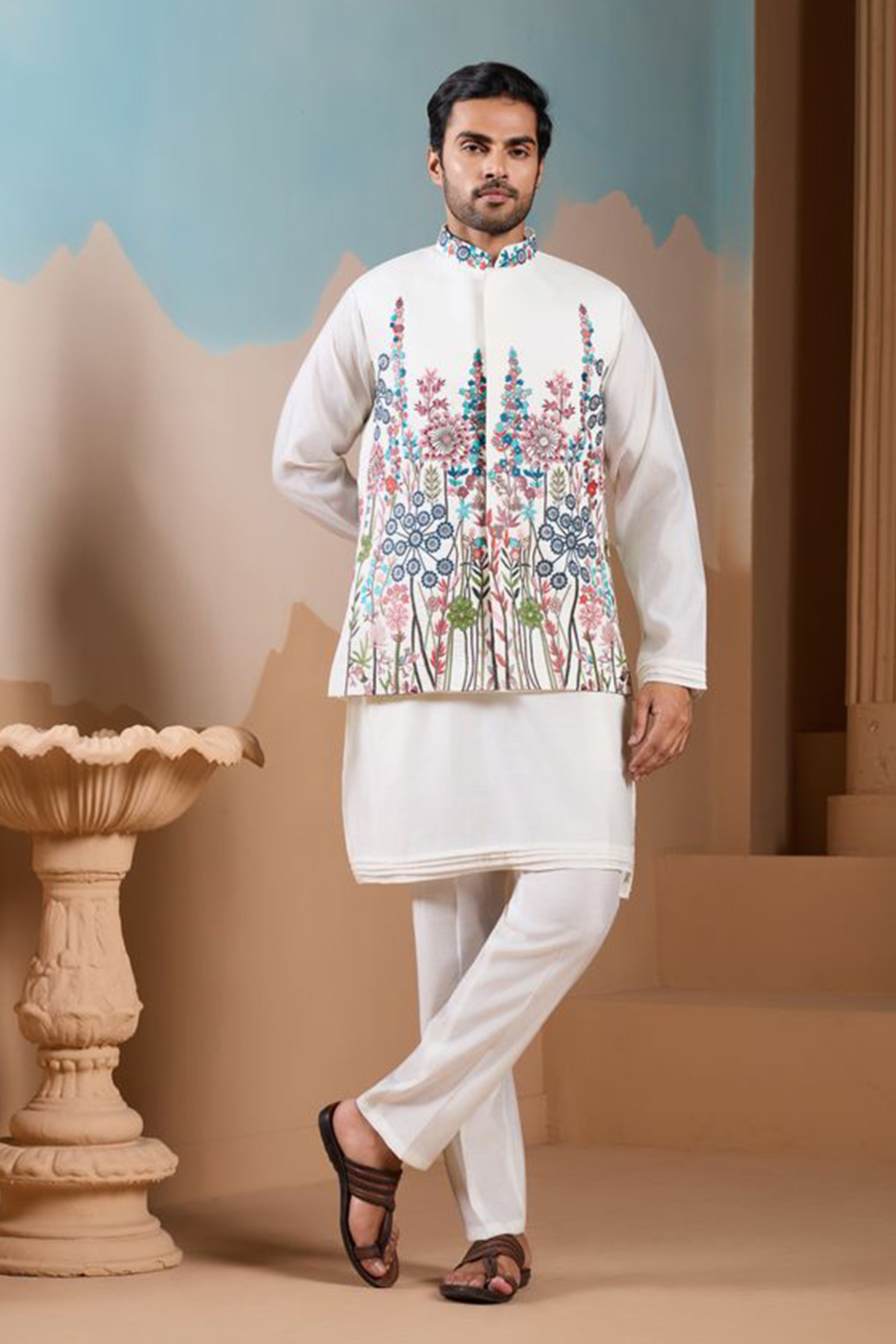 Kurta White Festive Ethnic Wear Front View
