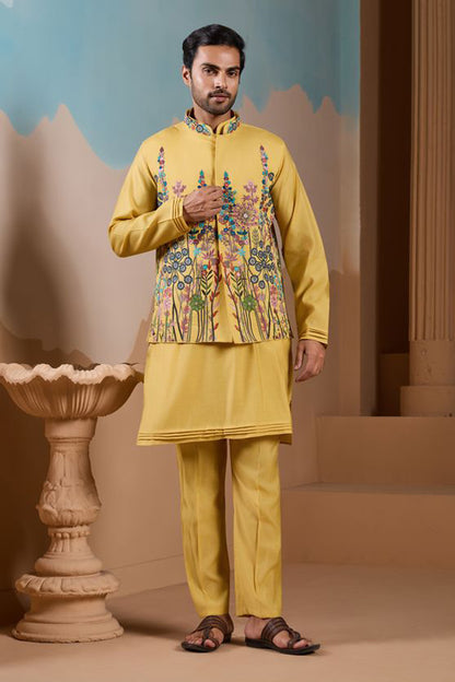 Kurta with koti yellow embroidered silk kurta pajama front view
