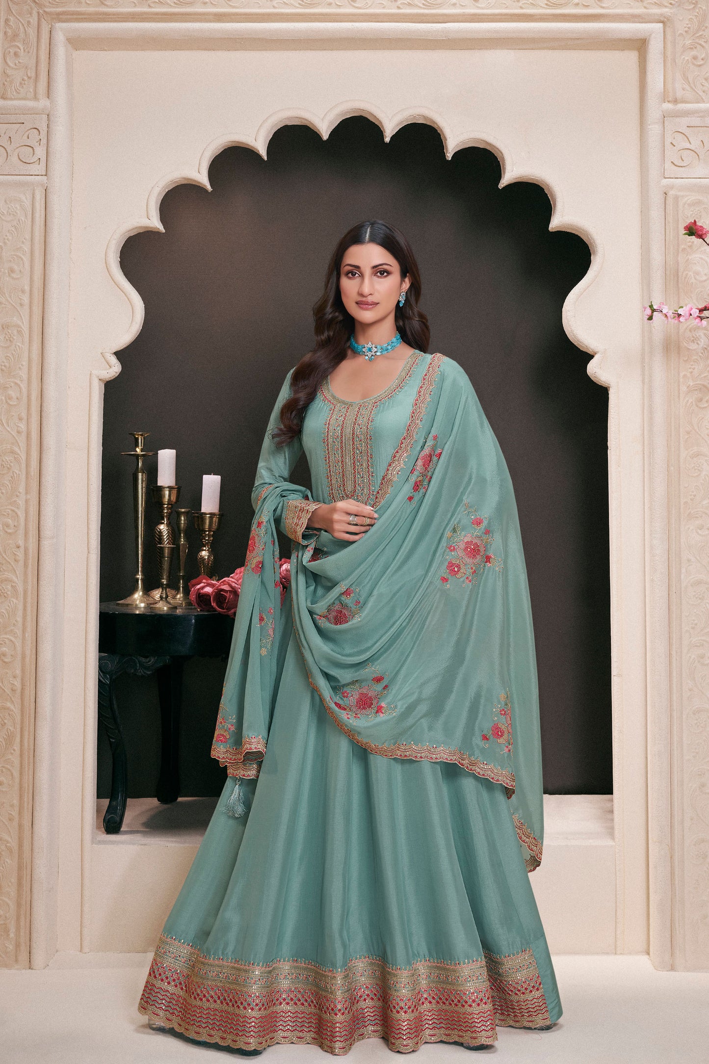 Latest Sky Blue Designer Anarkali Gown with Embroidered Dupatta