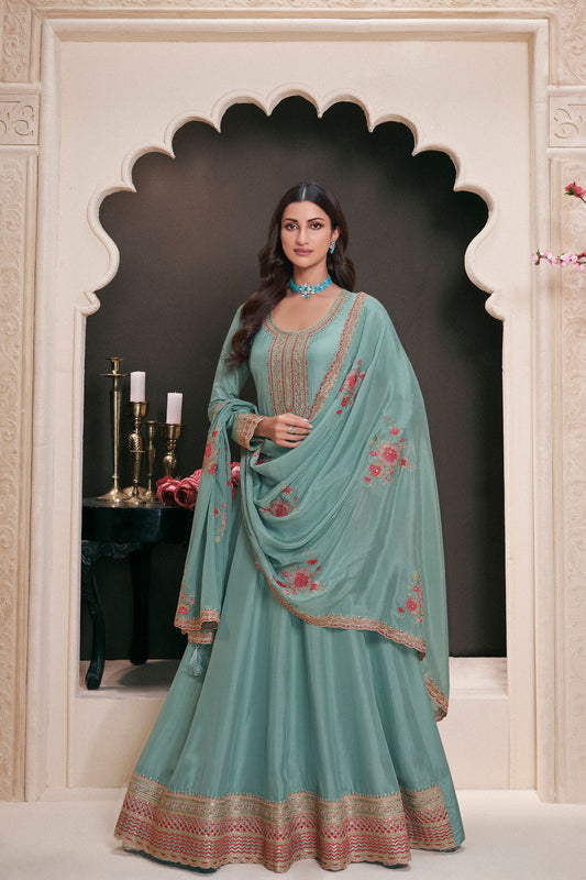Latest Sky Blue Designer Anarkali Gown with Embroidered Dupatta