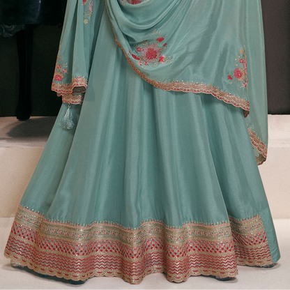 Latest Sky Blue Designer Anarkali Gown with Embroidered Dupatta