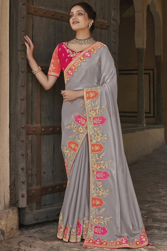 Grey Designer Traditional Saree with Fancy Silk & Handwork for Wedding