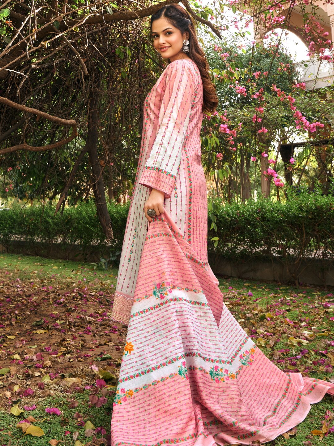 Pink Stylish Designer Cotton Fabric Digital Printed Salwar Kameez Pant Suit With Heavy Dupatta