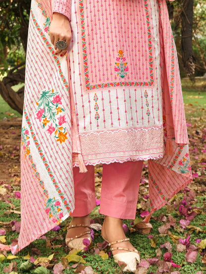 Pink Stylish Designer Cotton Fabric Digital Printed Salwar Kameez Pant Suit With Heavy Dupatta