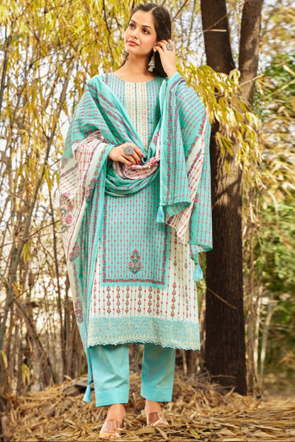 Regular Wear Pakistani Blue Designer Salwar Kameez Suit With Lawn Cotton Dupatta