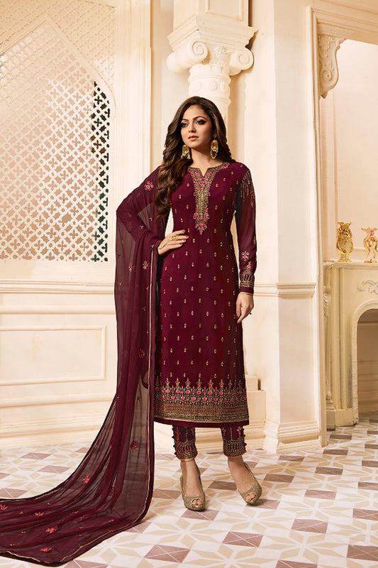 Wine Colour Georgette Plus Size Salwar Kameez For Wedding & Festival