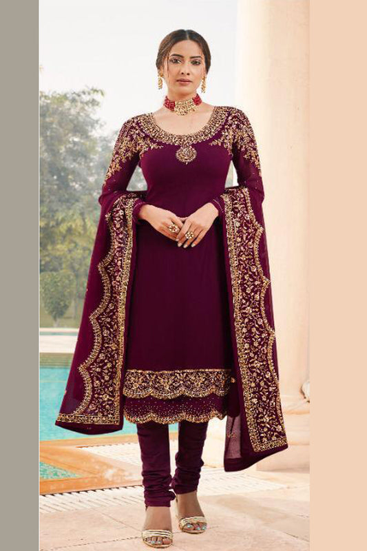 Purple Georgette Embroidery Work Sawar Kameez With dupatta For Wedding-Recption