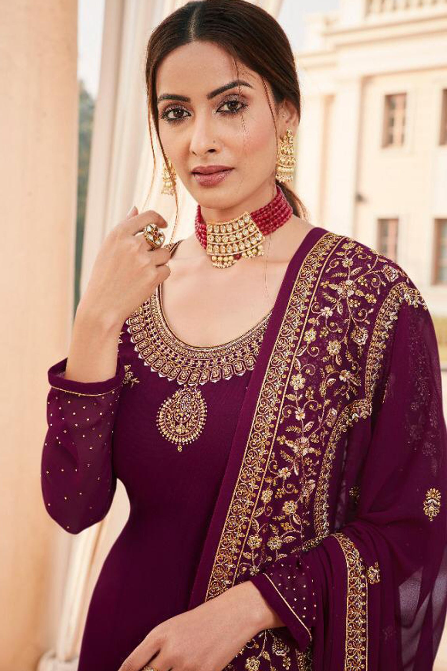 Purple Georgette Embroidery Work Sawar Kameez With dupatta For Wedding-Recption