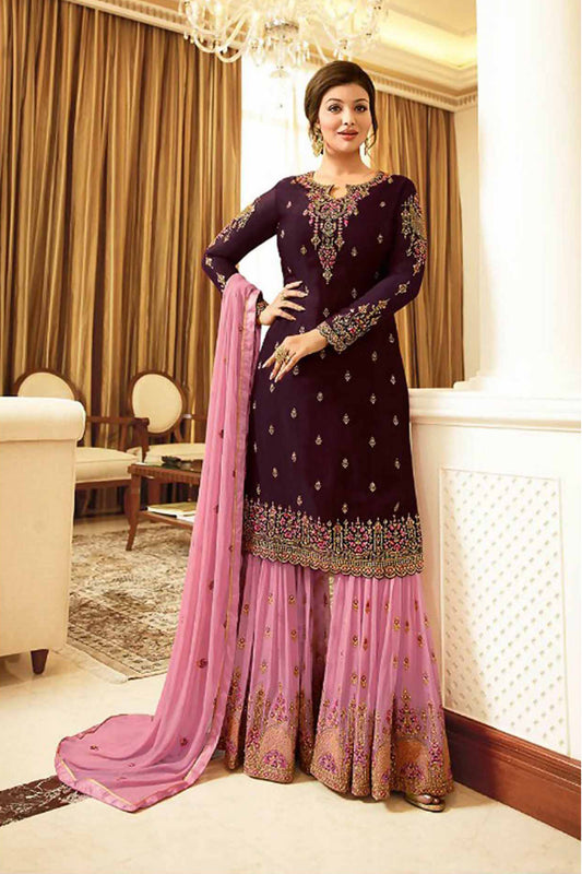 Embroidery Work Marron Georgette Sharara Suit For Wedding & Festival