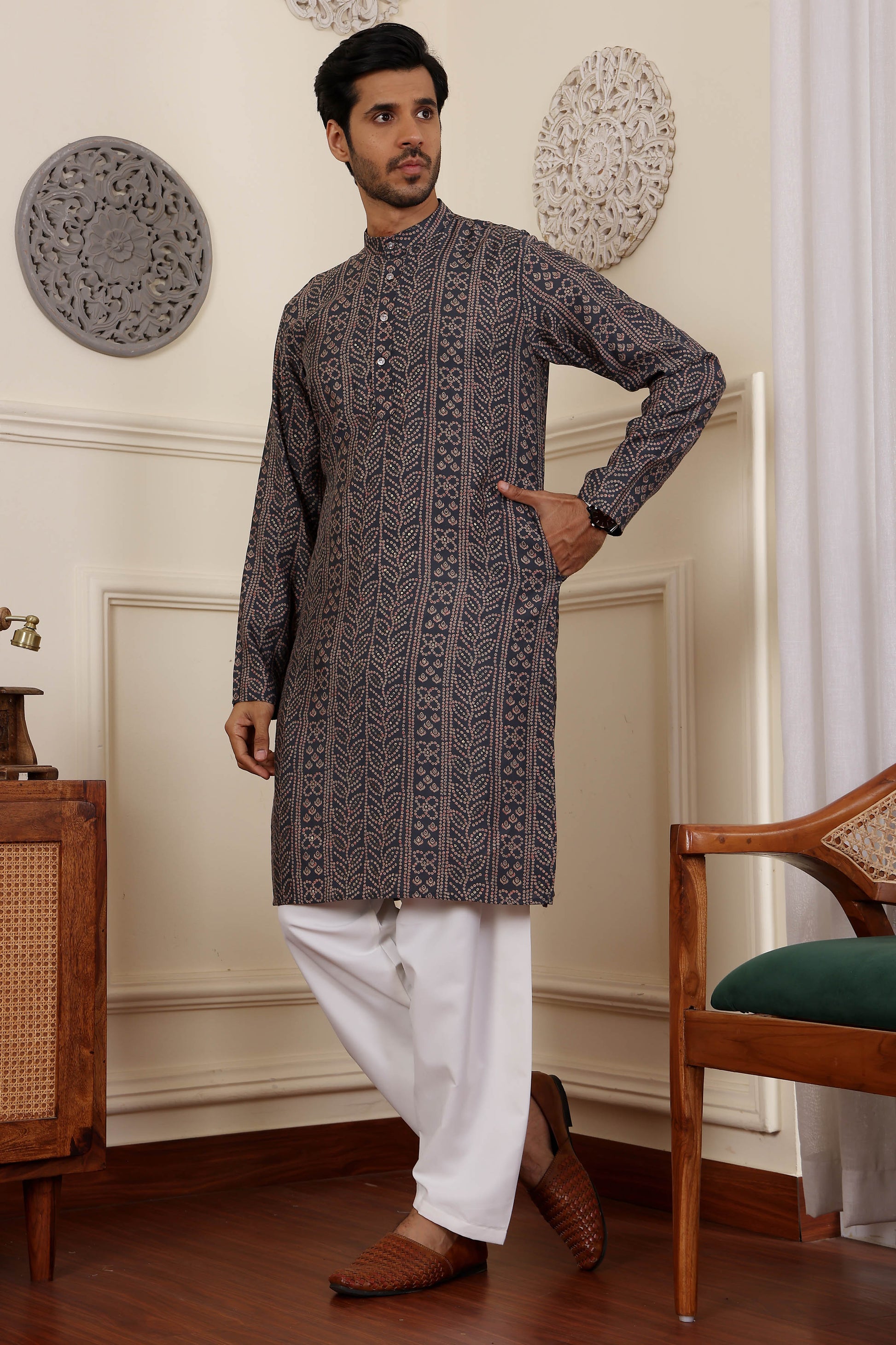 Mens Black Kurta Set Front View In Black Silk

