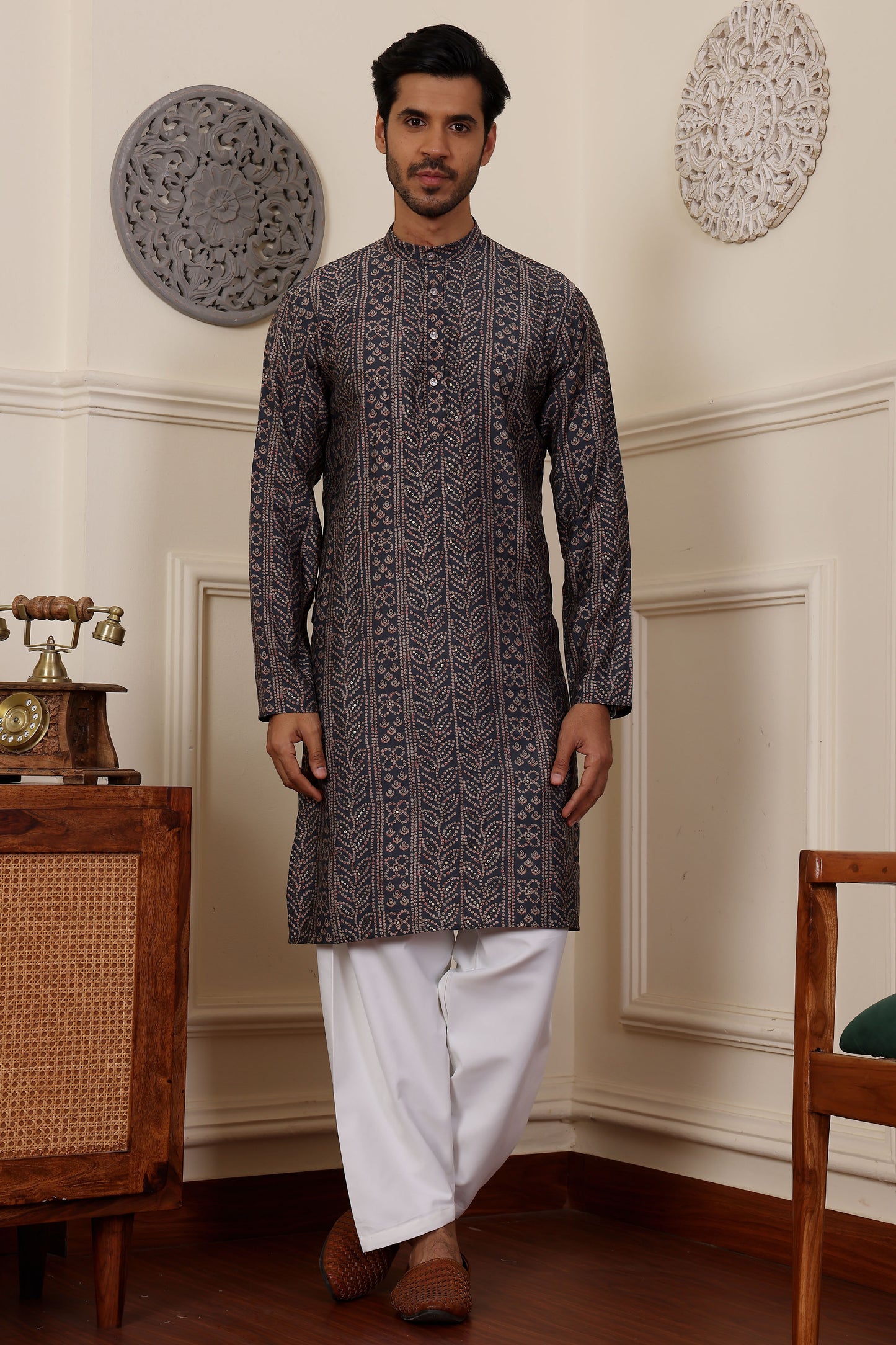 Mens Black Kurta Set With Woven Designer Work
