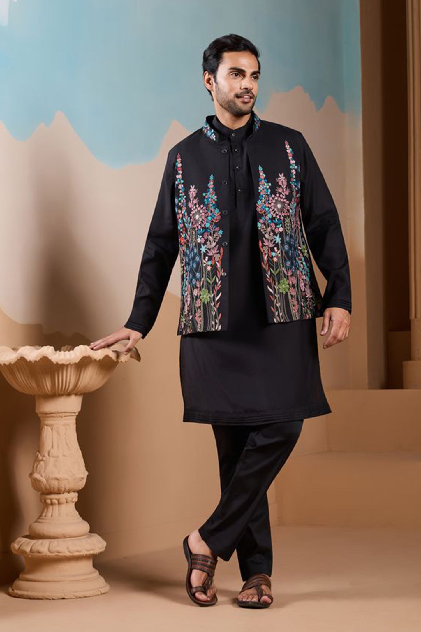 Mens Kurta In Black With Thread And Sequence Embroidery
