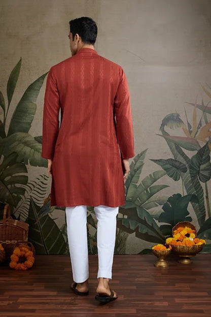 Mens Red Kurta Set Paired With Matching Kurta Pajamas
