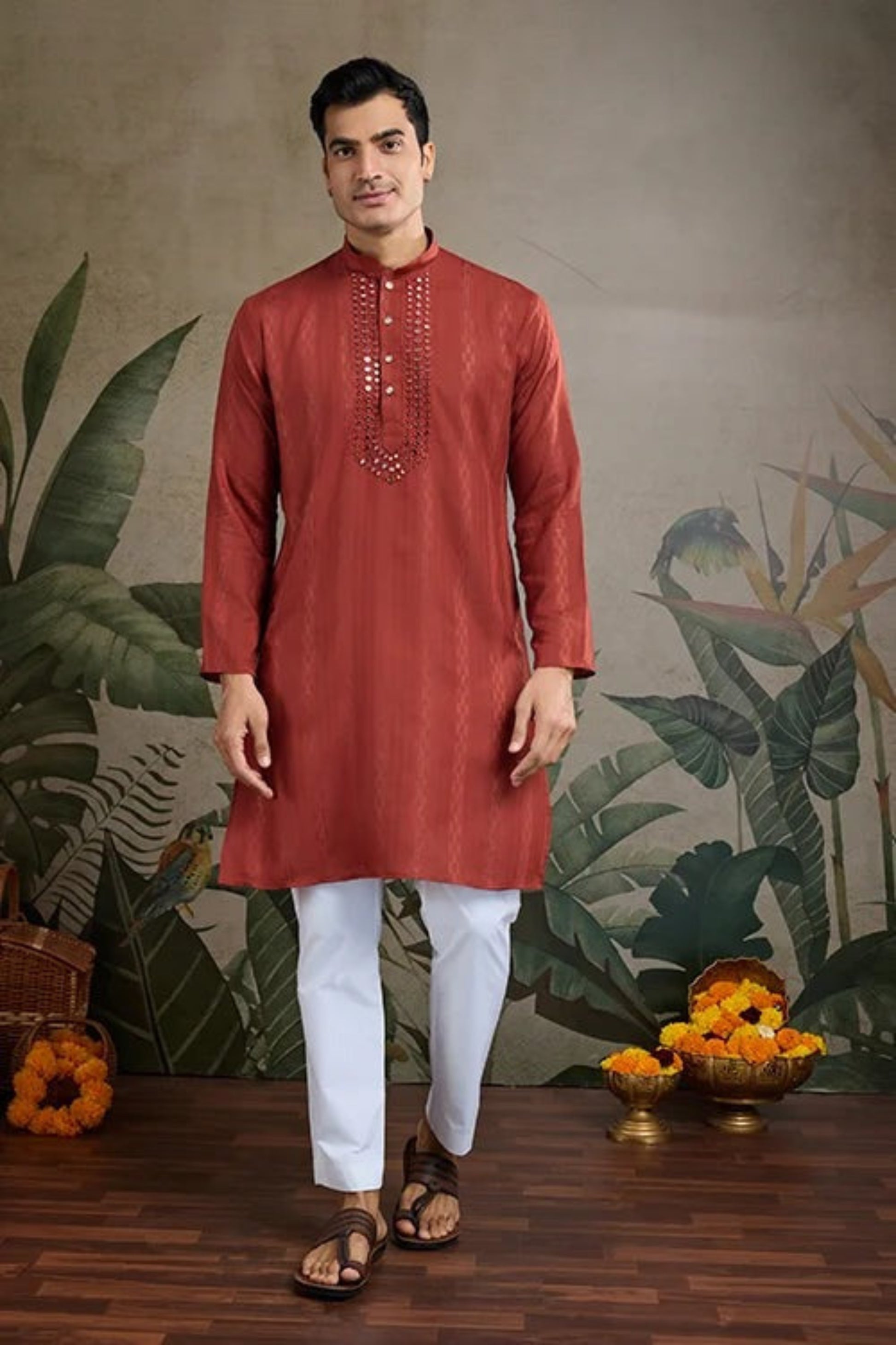 Mens Red Kurta Set With Real Mirror Work Front View
