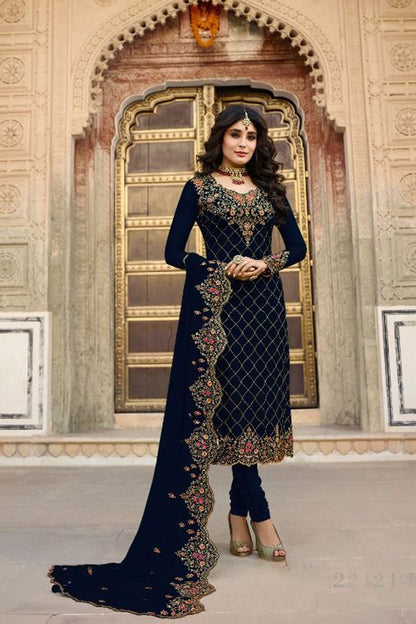 Stone Work Navy Blue Georgette Salwar Kameez For Festivals & Pakistani Wedding