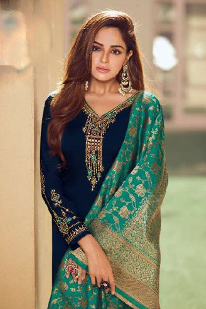 Embroidery Work Satin Georgette Navy Colour Salwar Kameez For Wedding