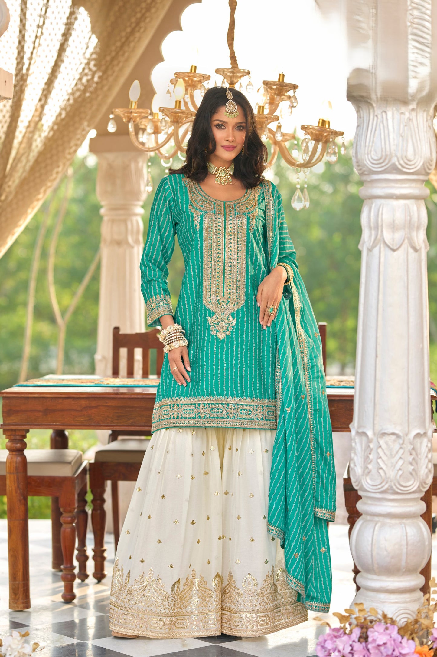 Pakistani Turquoise Blue Designer Chinon Digital Printed Salwar Sharara Suit