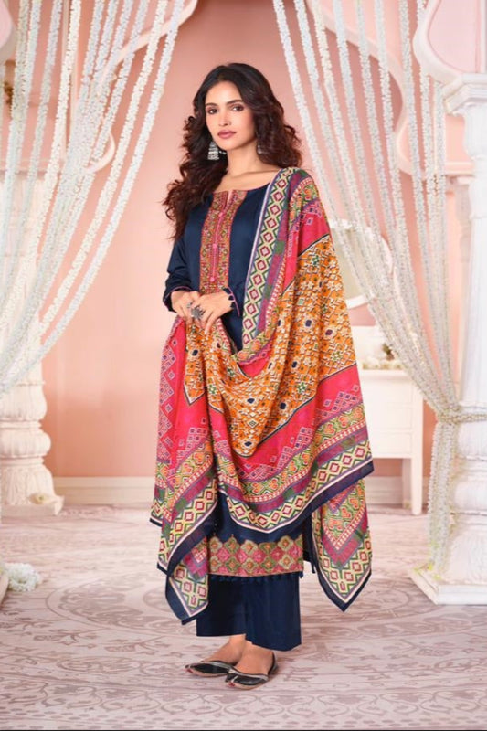 Digital Print Bridal Look Cotton Fabric Navy Blue Salwar Kameez For Evening Wear