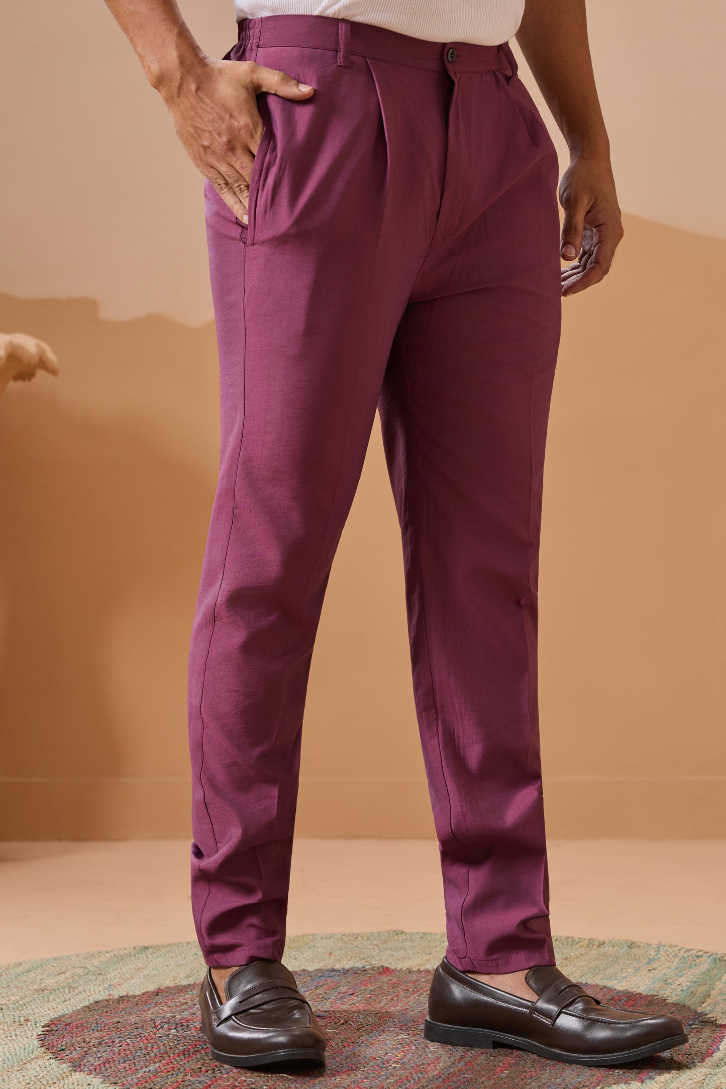 Person wearing purple pants with a desert landscape in the background
