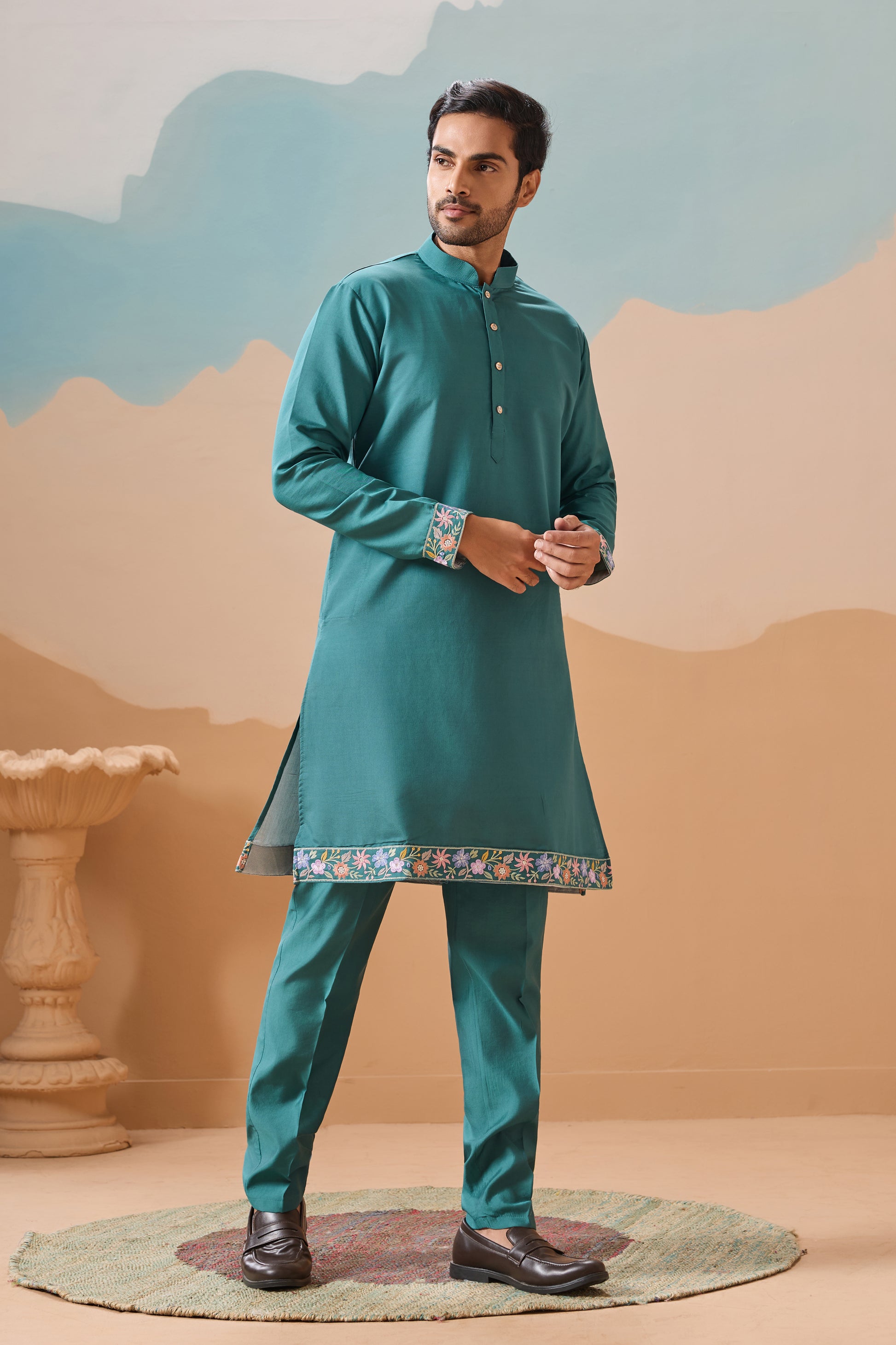 Pakistani salwar kurta for men inspired teal design
