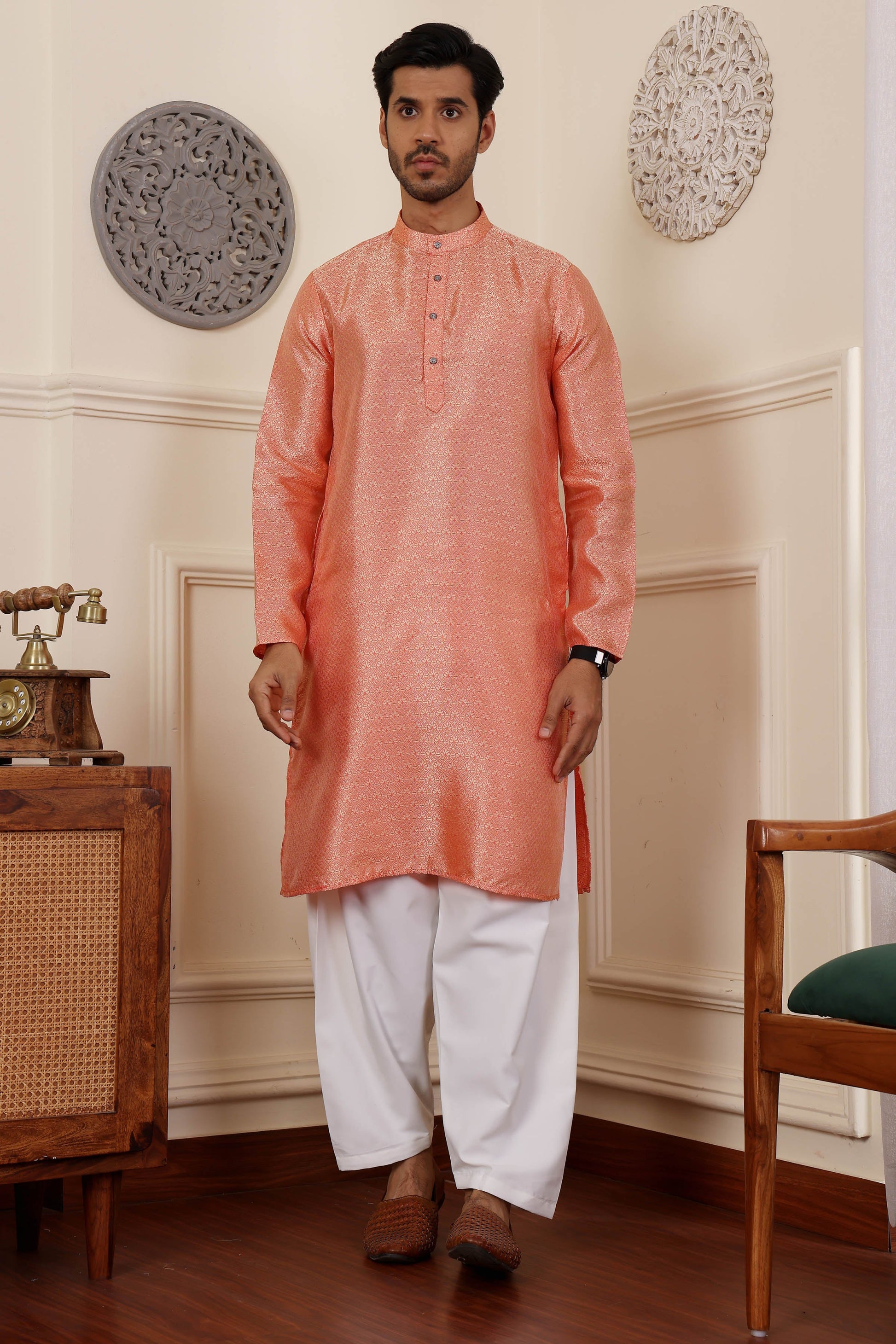 peach jacquard kurta in viscose silk